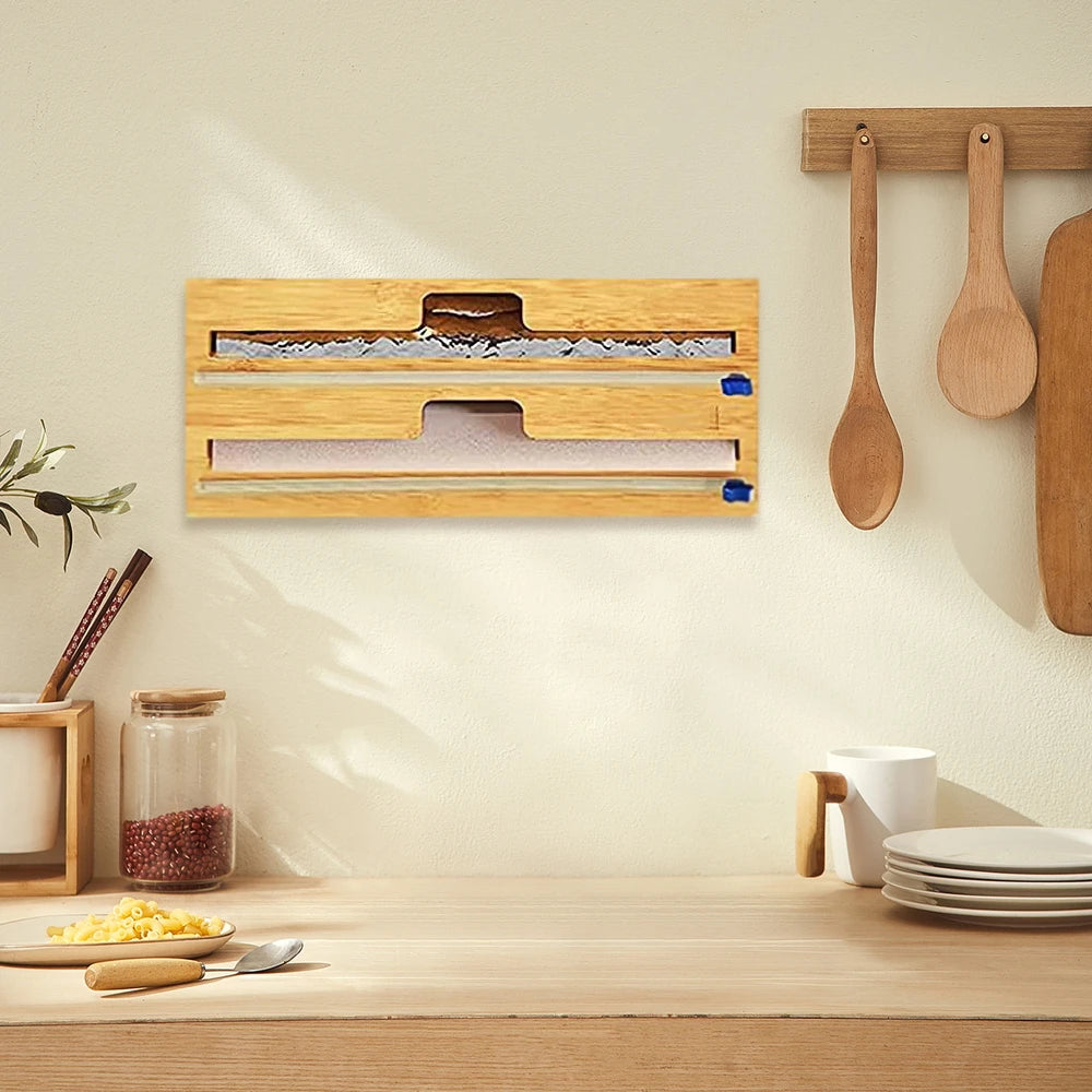 Bamboo Cling Film Cutter, Kitchen Food Wrap Dispenser, Sliding Cutter